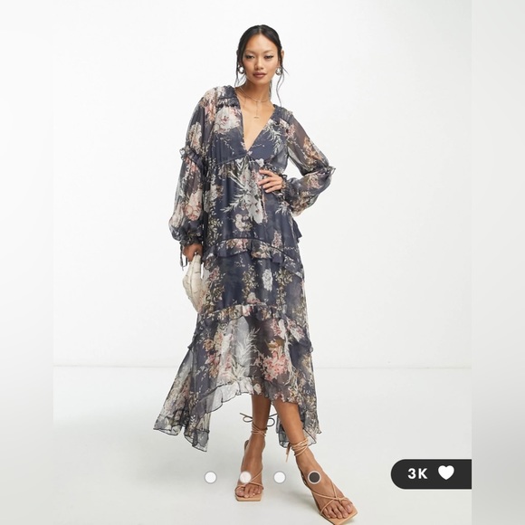 ASOS DESIGN pleated layered tiered midi dress in navy floral print - Picture 4 of 6